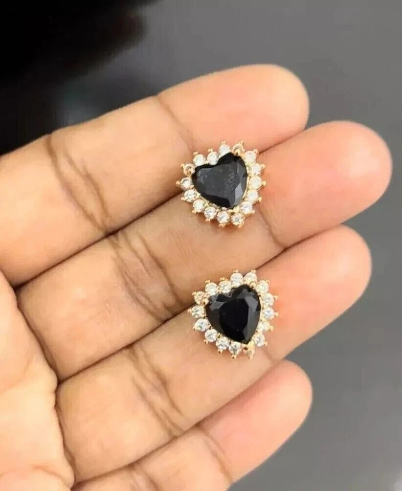 2Ct Heart Cut Lab Created Onyx Diamond Women Stud Earring 14k Yellow Gold Plated