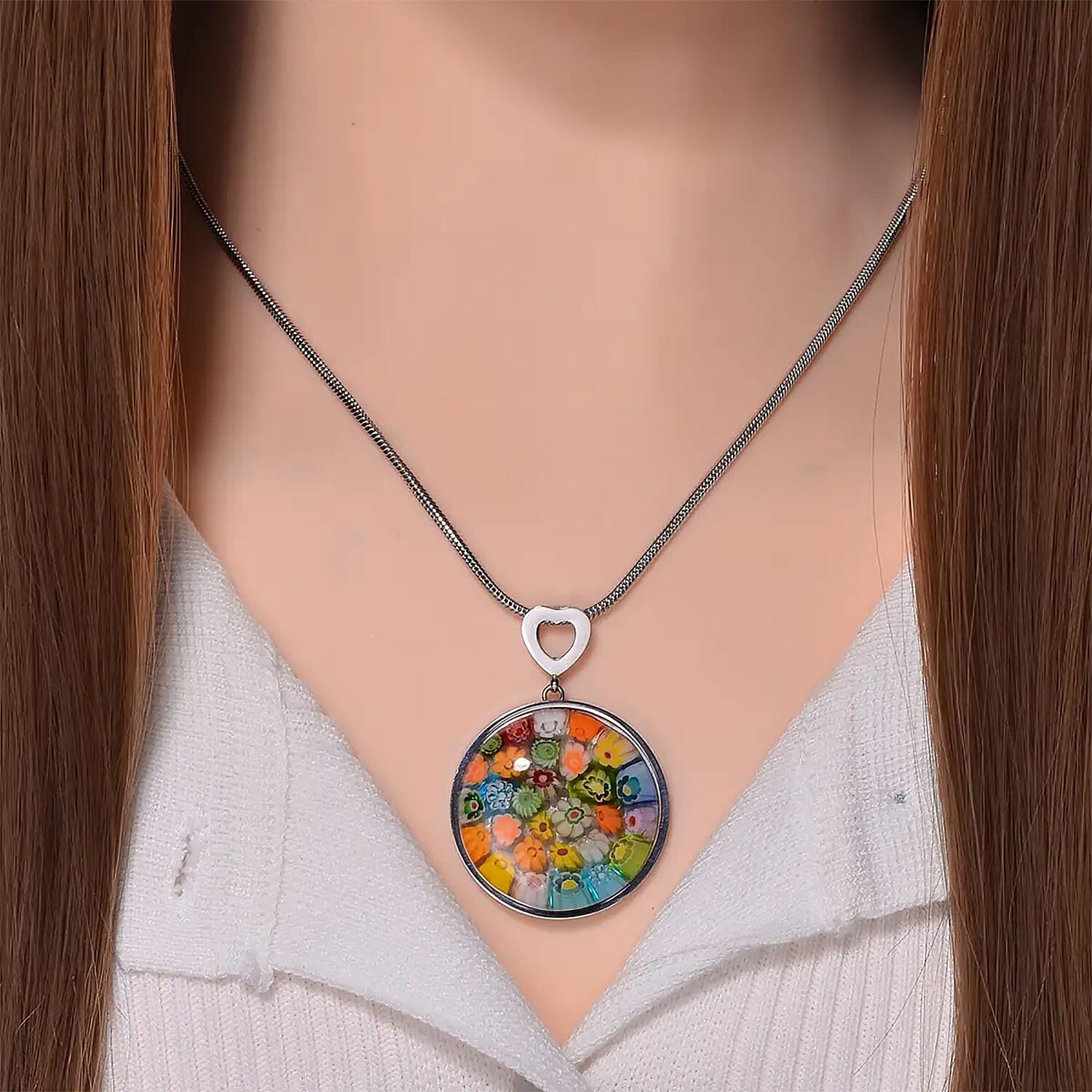 Stainless Steel Multi Color Glass Pendant Necklace Jewelry for Women Size 24-28″