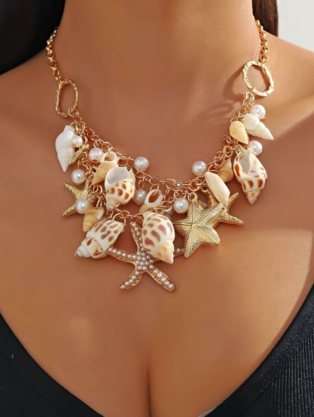 Gold Tone Shell & Pearl Starfish Charm Statement Necklace, Adjustable