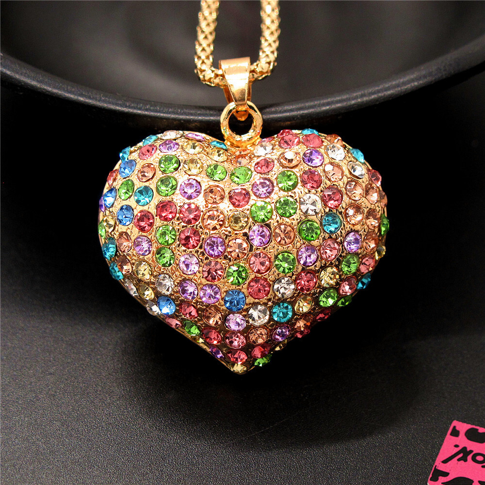 Hot Fashion Women Color Rhinestone Heart Love Crystal Pendant Chain Necklace