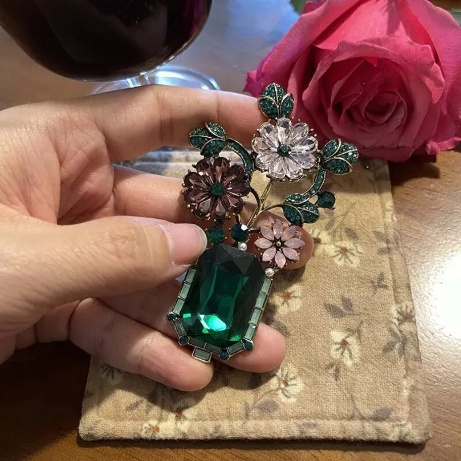Large Vintage Crystal Rhinestone Flowers in A Green Vase Brooches Pins for Women