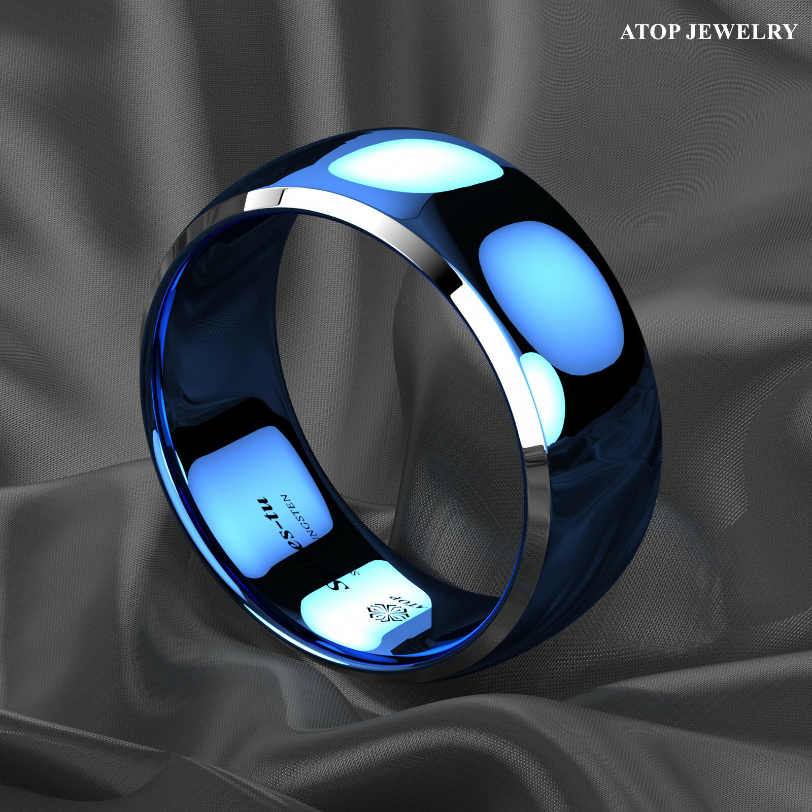 8mm ATOP Dome Blue Silver Edges Tungsten Ring for Men Comfort Fit Wedding Ring