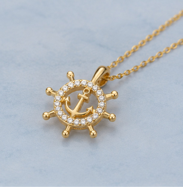 1.25Ct Simulated Diamond Anchor Wheel Pendant Necklace 14K Yellow Gold Plated
