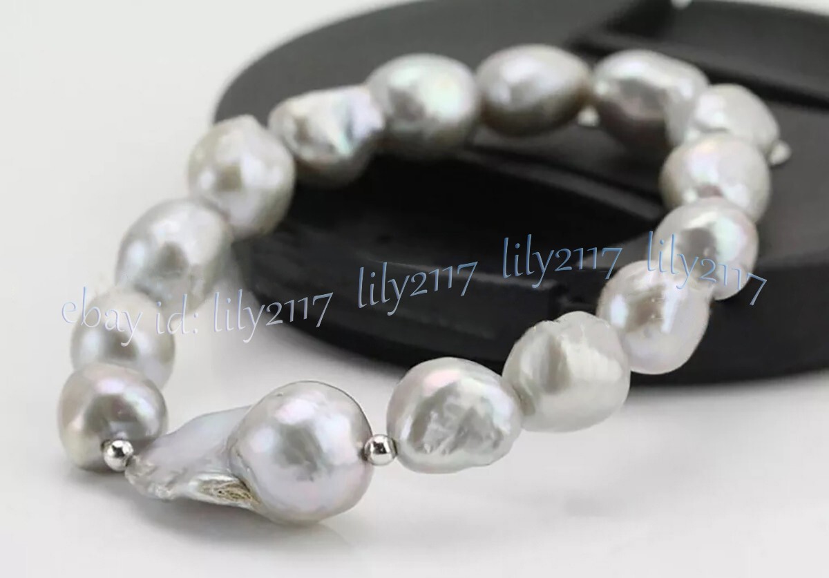 9-10mm Natural Gray Pearl Huge Reborn Keshi Baroque Pearl Elastic Bracelet 8 in