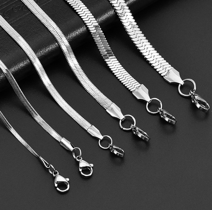 Stainless Steel Silver Flat Snake Herringbone Chain Necklace Women Men 16-24”