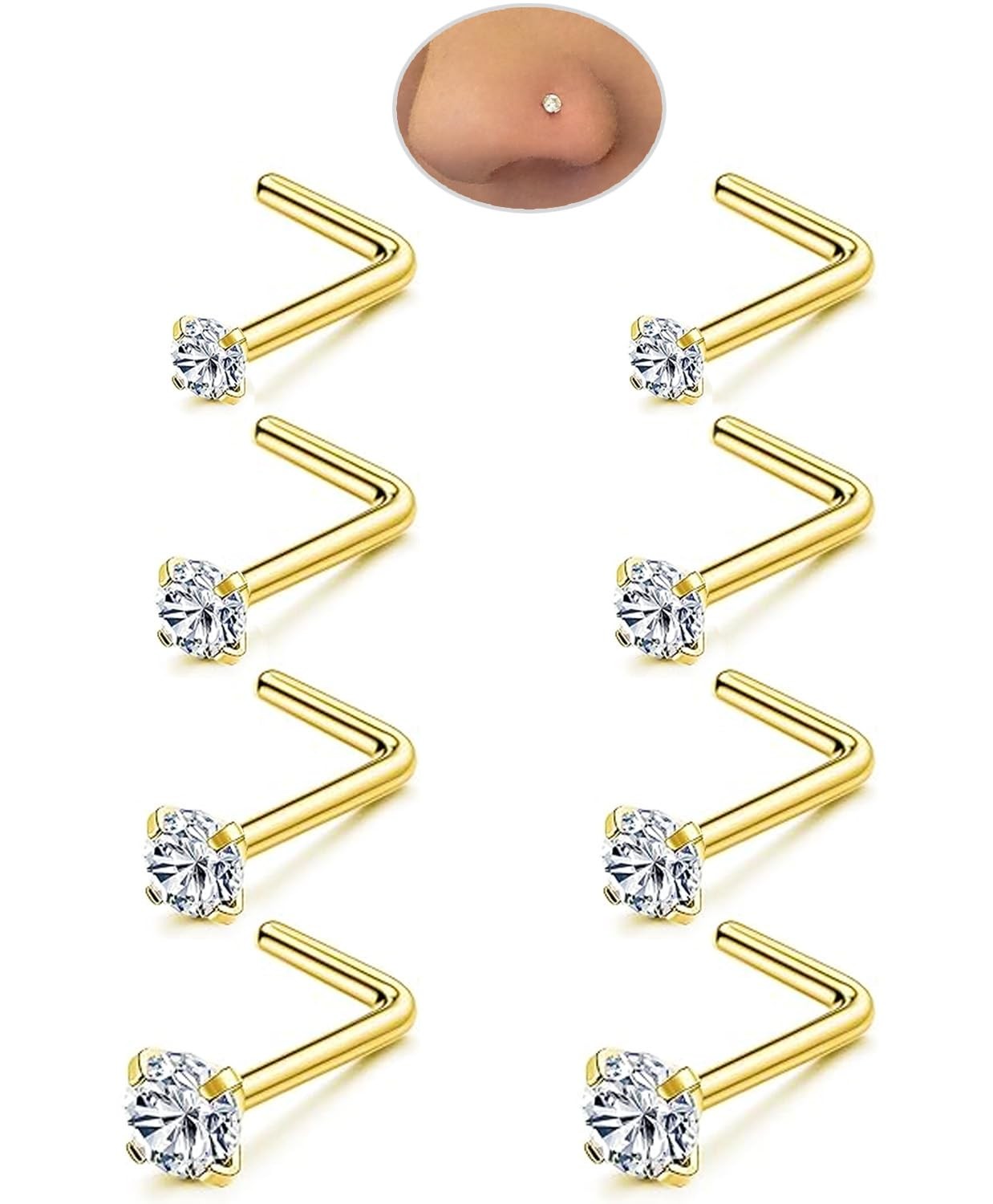 Accirrch Gold Nose Rings Studs Set for Women 20G/0.8mm, 20G L-Shaped