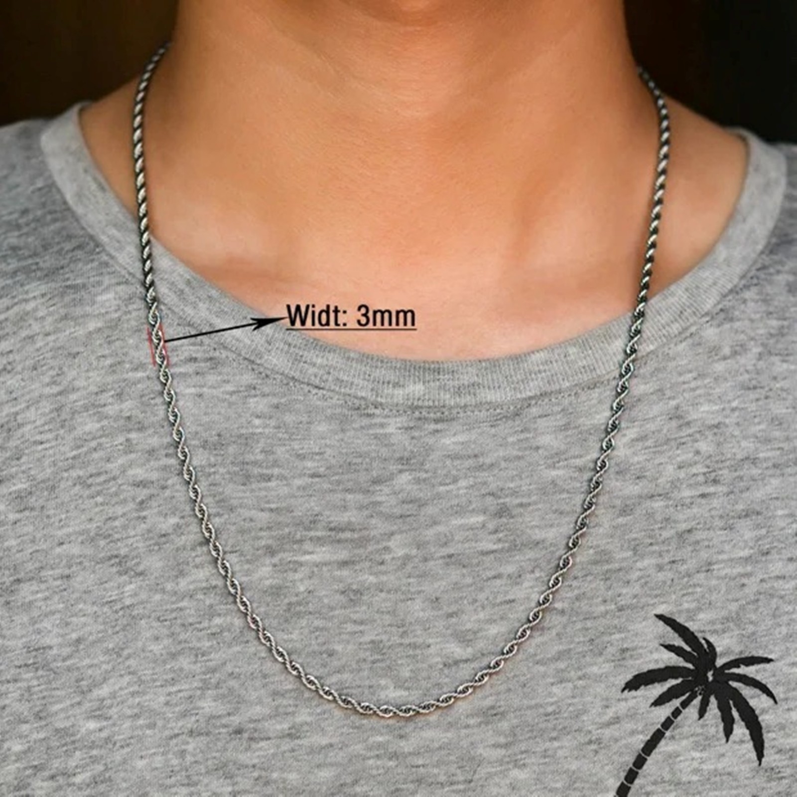 Rope chain necklace for men and women, stainless steel, 16/ 30 in, 2/3/4/5/6mm