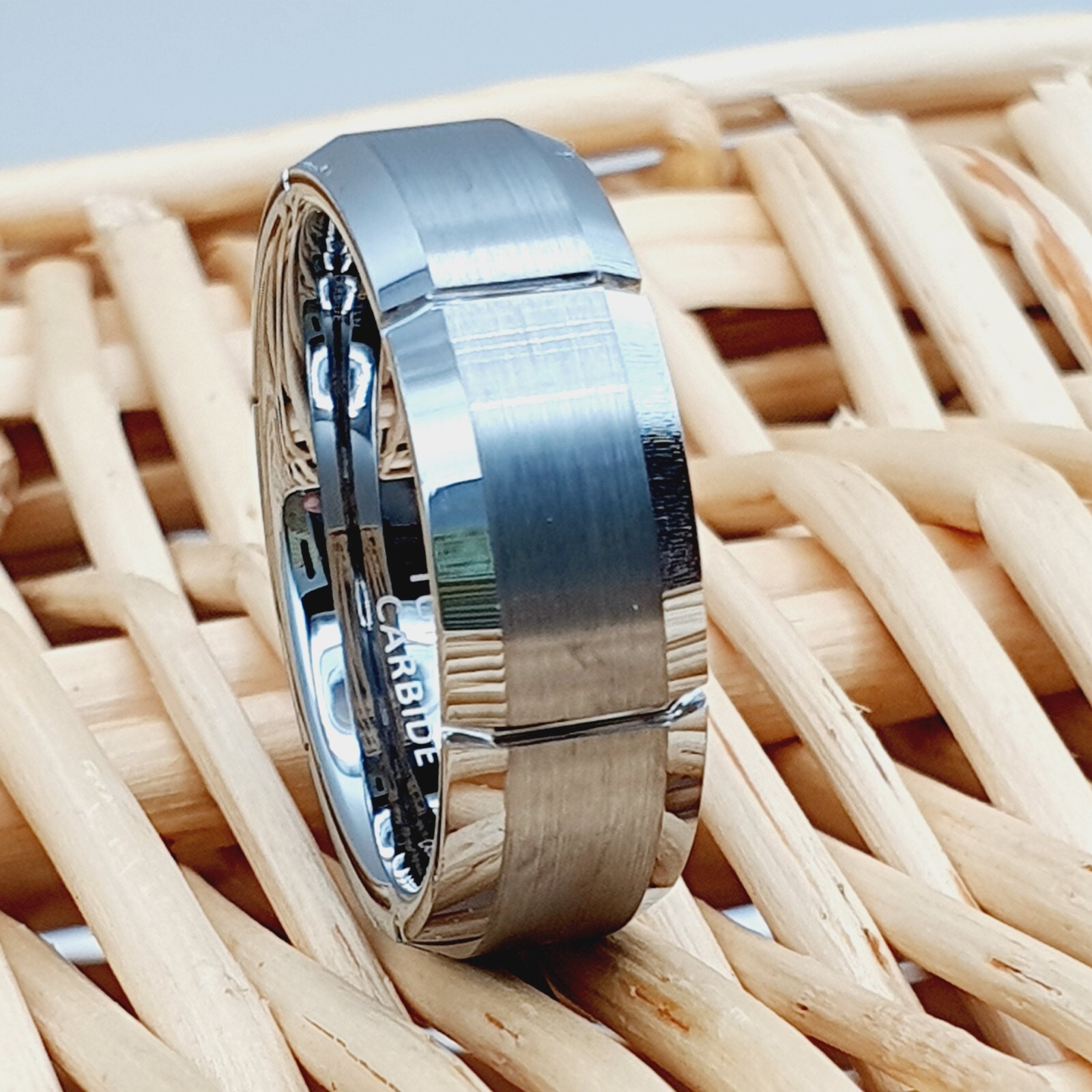 High Polished Beveled Edges Men’s Wedding Band Tungsten Ring Satin Brushed Ring