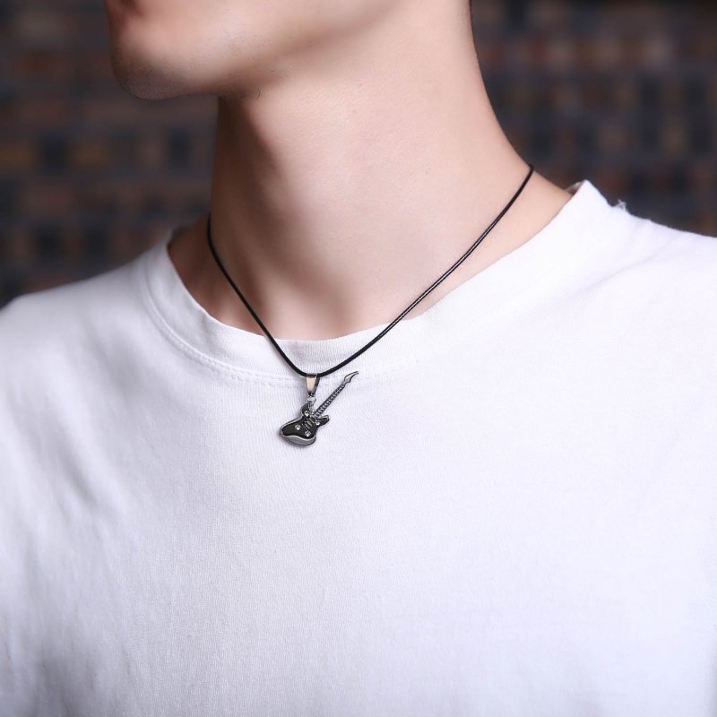 Fashion Men’s Unisex Stainless Steel Guitar Pendant Leather Necklace Jewelry New