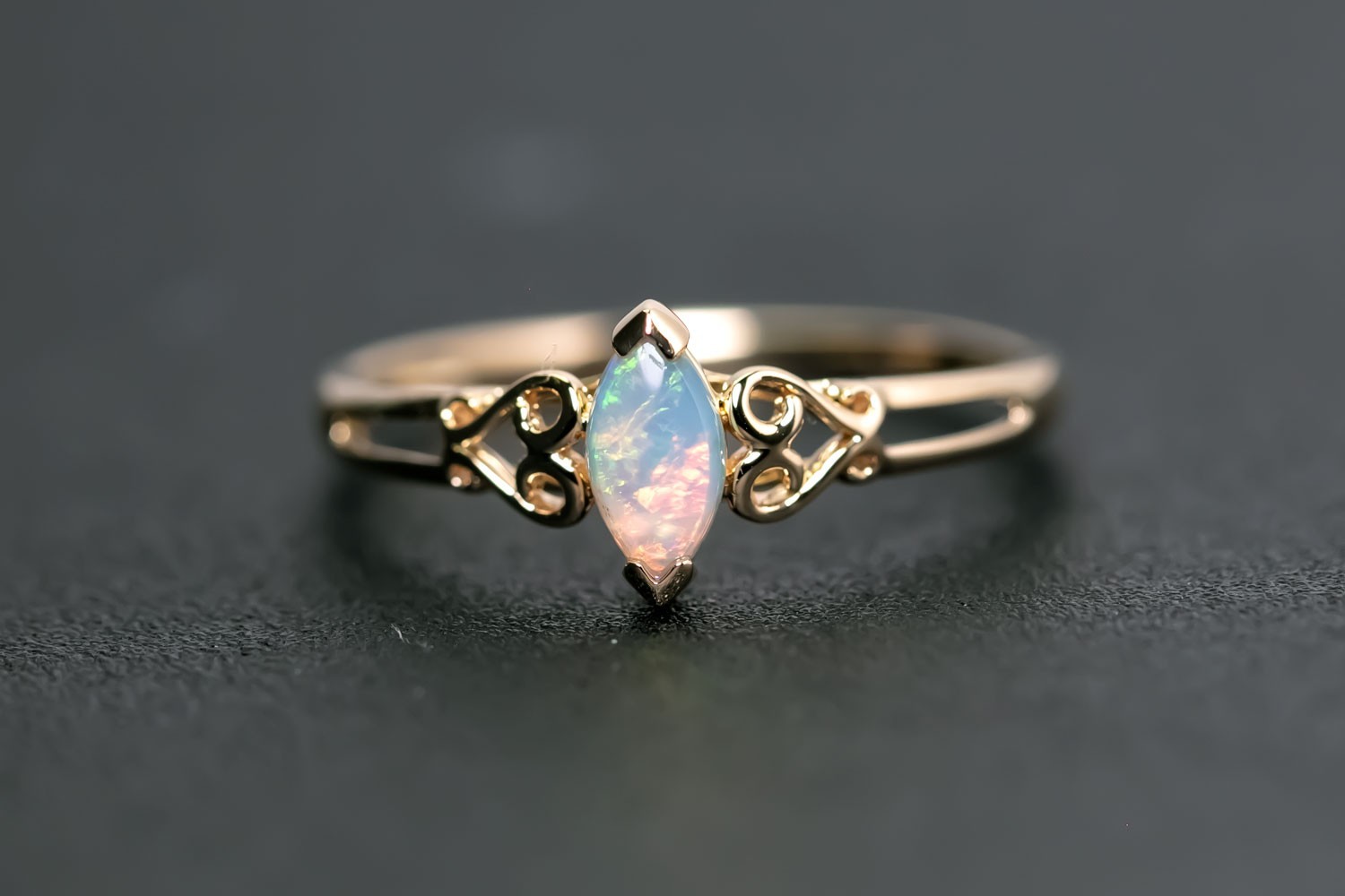 Vintage Inspired Australian Solid Opal Engagement Wedding Ring 14K Yellow Gold