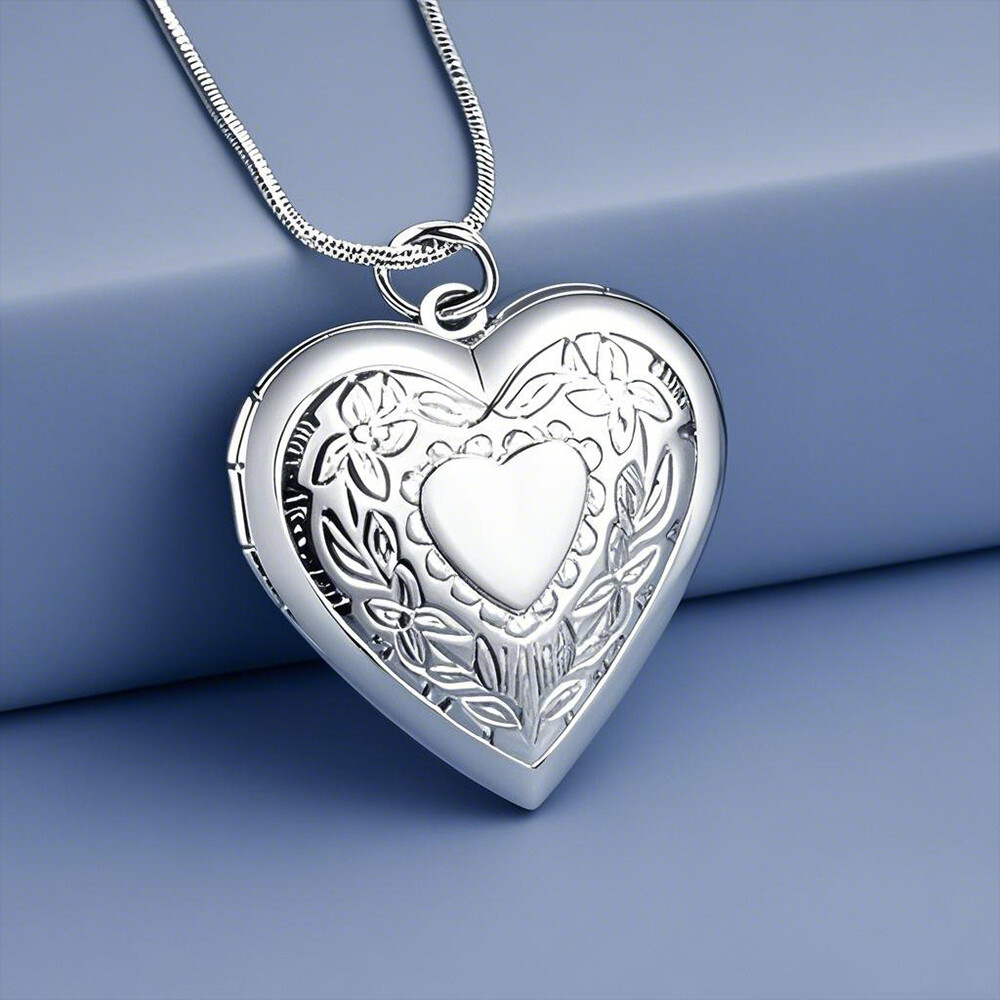 925 Sterling Silver Plated Heart Necklace, Locket Photo Picture Pendant 18″ N1