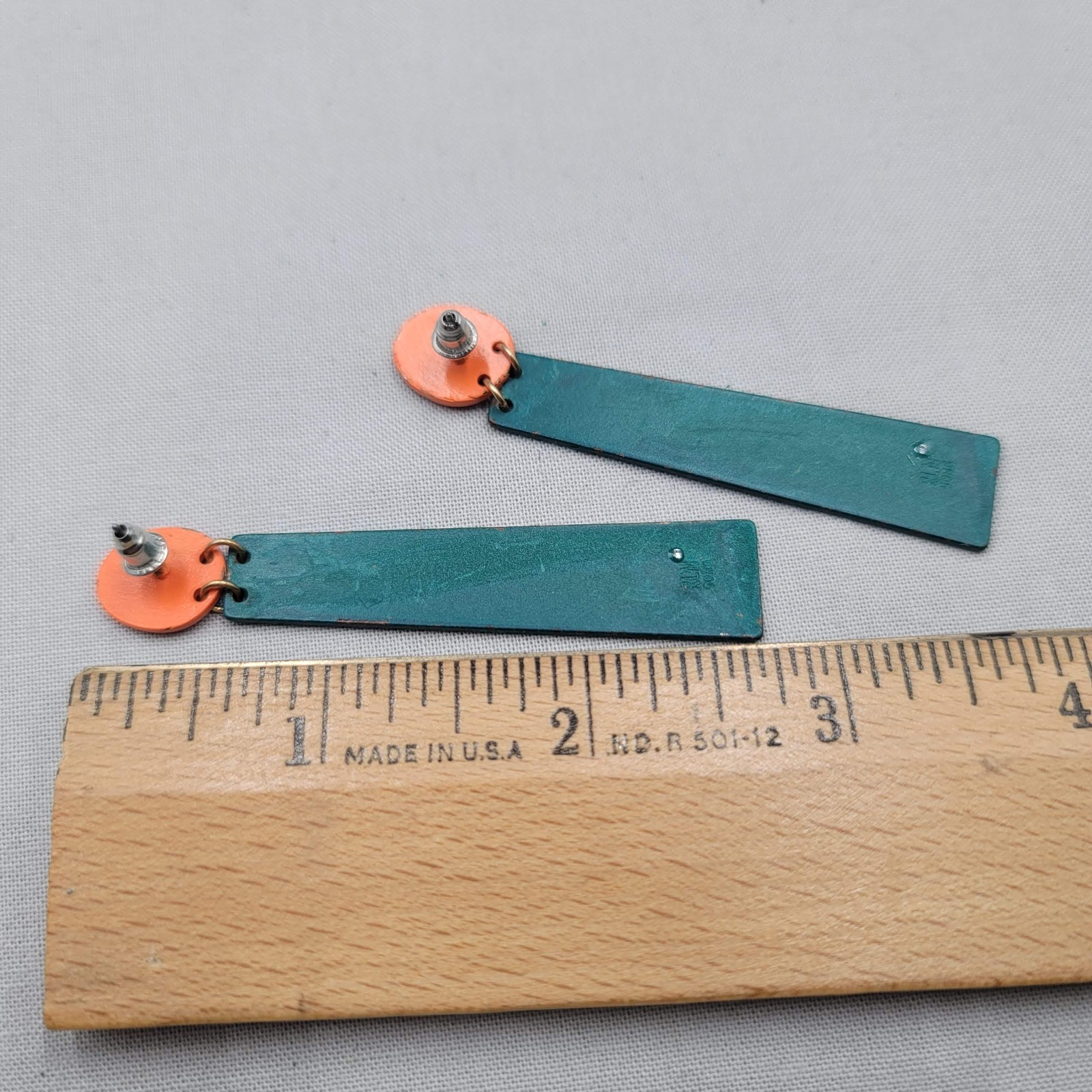 Modernist Green Orange Enamel Pierced Earrings Statement Dangle 2 5/8″