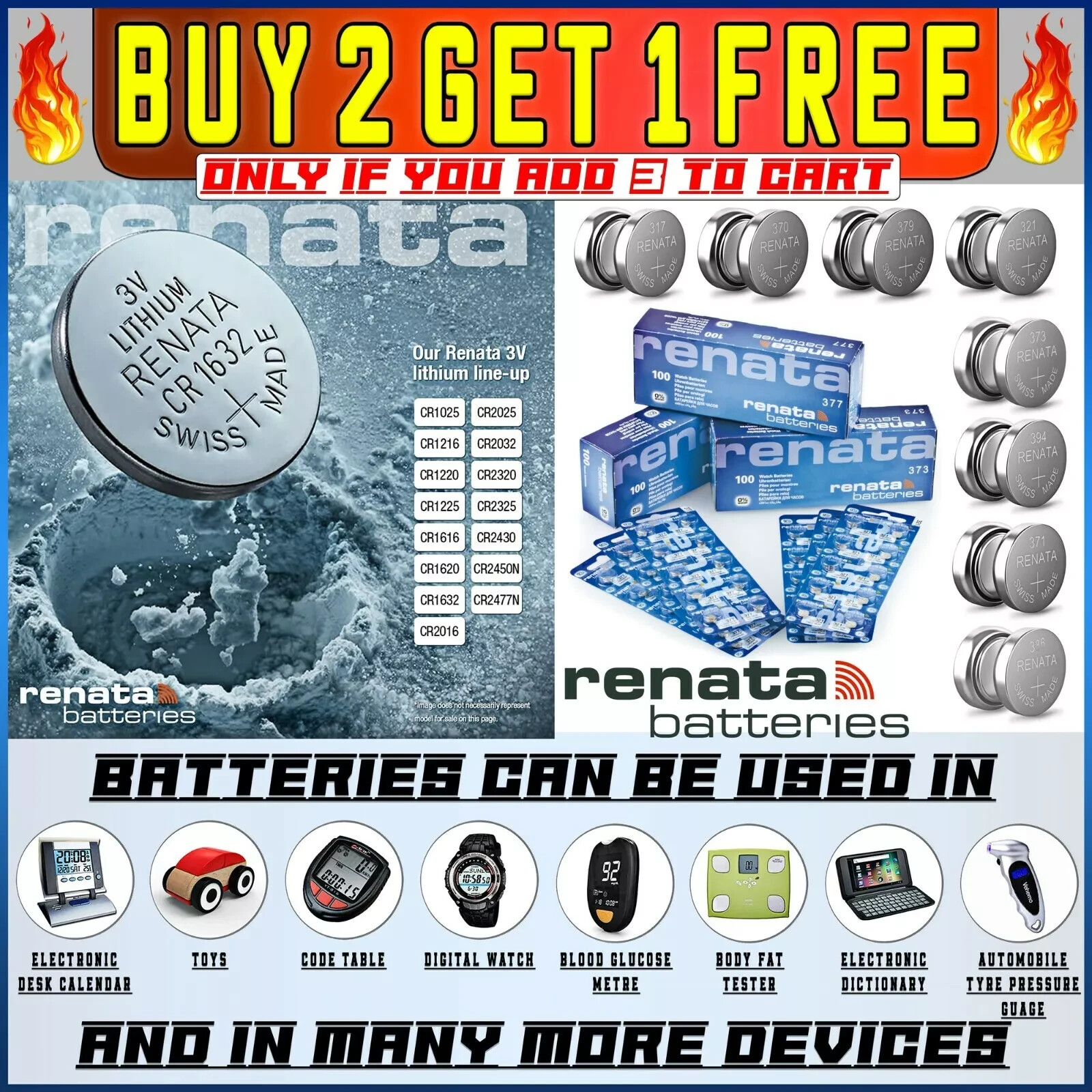 RENATA WATCH BATTERIES ⭐BUY 2 GET 1 FREE⭐ 377 371 364 CR 2032 2025 ✅ALL BATTERY✅