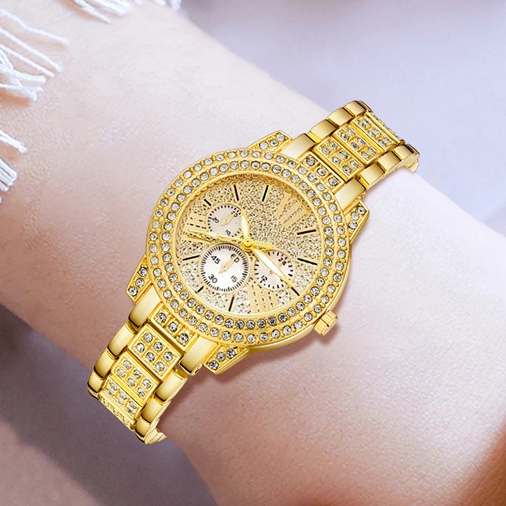 Women Quartz Watch Jewelry Set Gold Ring Necklace Earrings Rhinestone Gift USA