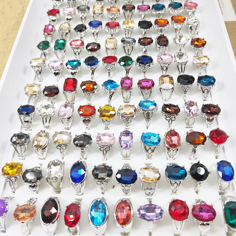 100Pcs Wholesale Colorful Crystal Mixed Rings Bulk Finger Band Ring Jewelry Lot
