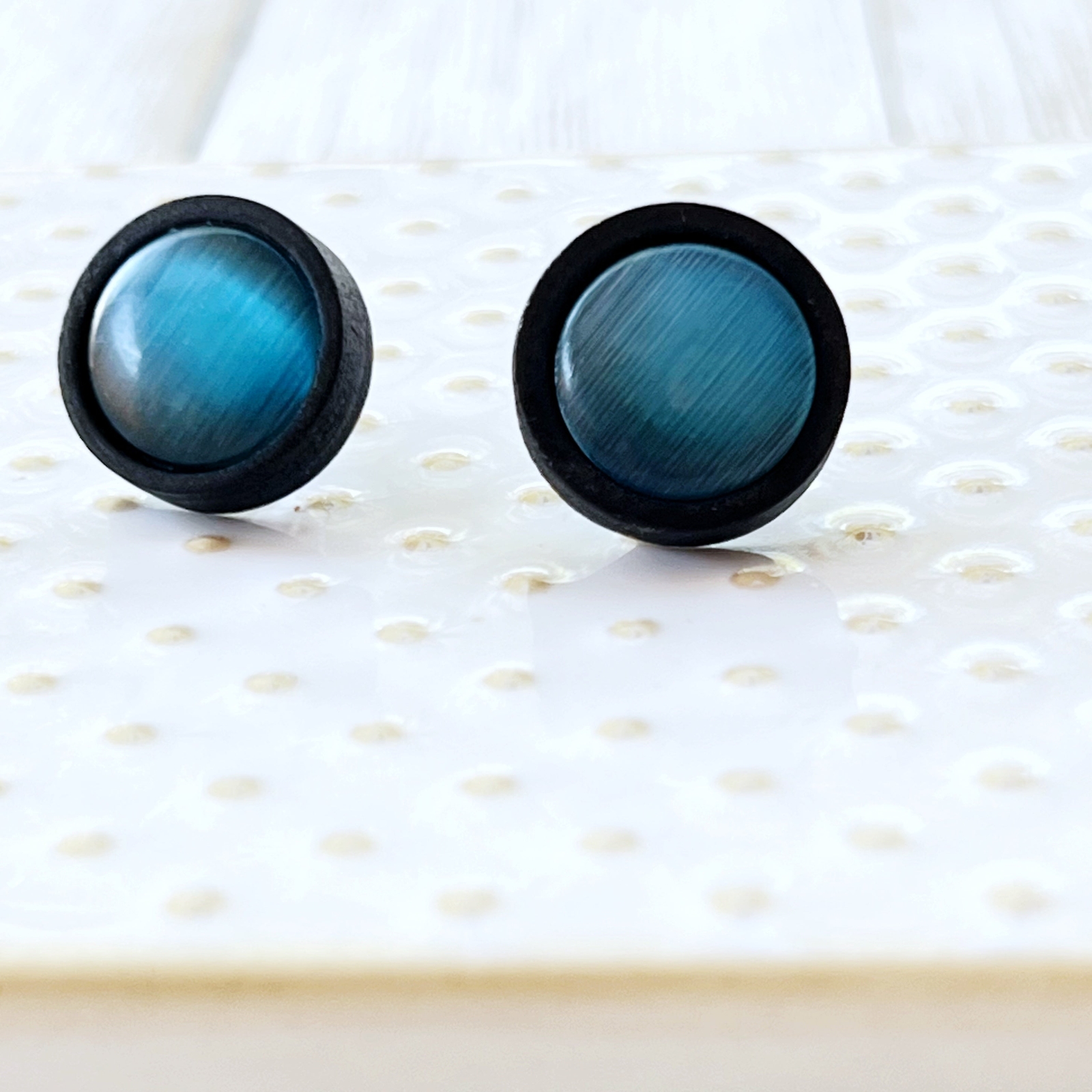 Natural Black Wood Blue Glass Stainless Steel Unisex Stud Earrings