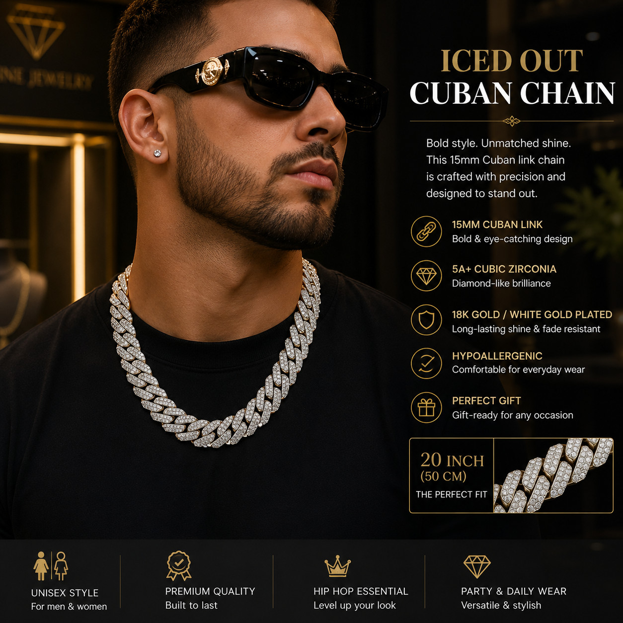 15mm Iced Out Cuban Link Chain Necklace White Gold Plated Mens Hip Hop