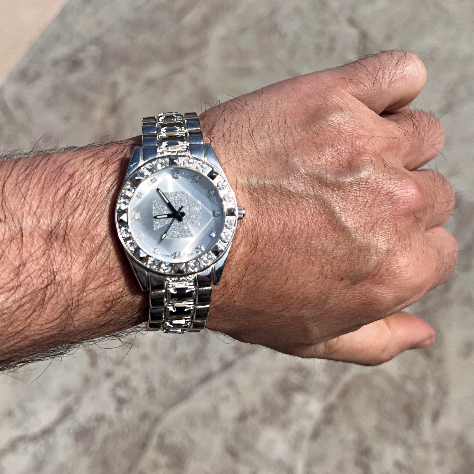 Mens Knights Templar Iron Celtic Maltese Cross Silver Dial Watch CZ Silver Tone
