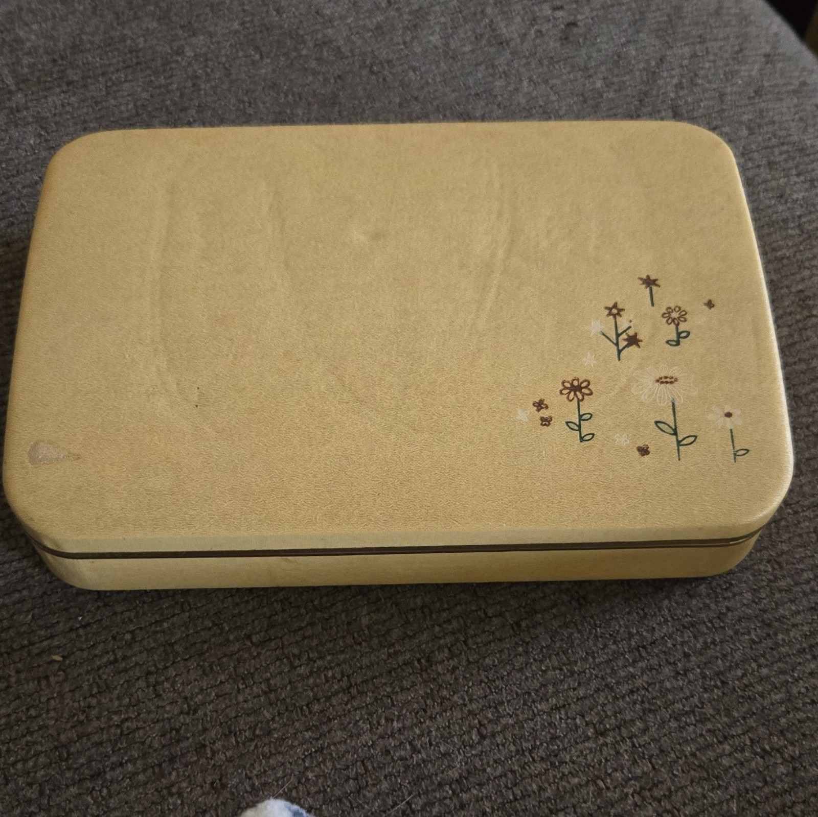 Farrington Beige Faux Leather Jewelry Box Green Velvet Lined Butterfly Floral