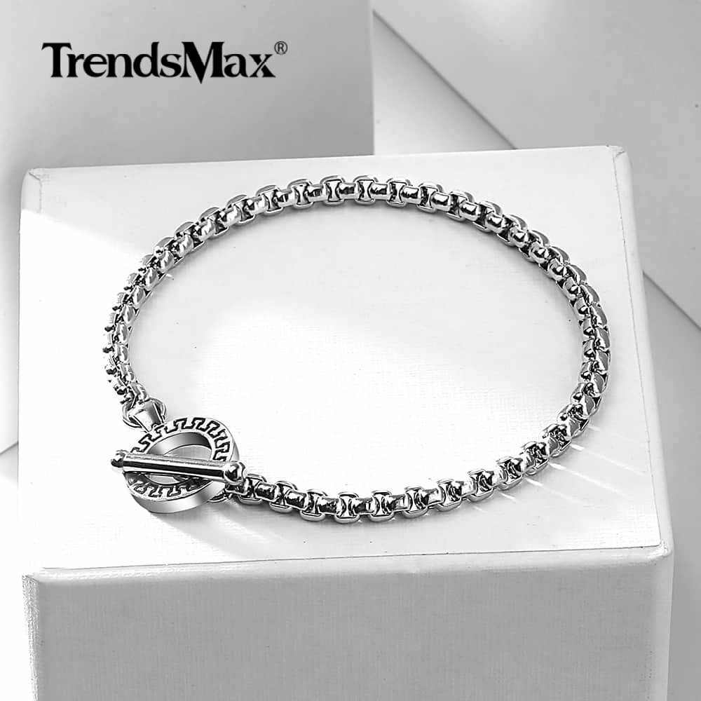 4mm Mens Silver Stainless Steel Box Link Chain Bracelet Toggle Jewelry 8″ 9″