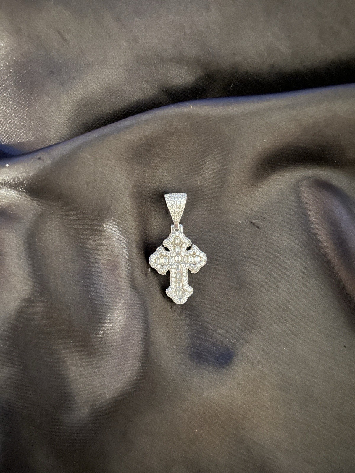 Silver Gothic Moissanite Cross Charm Pendant Clear VVS1 Excellent Cut w/ Report