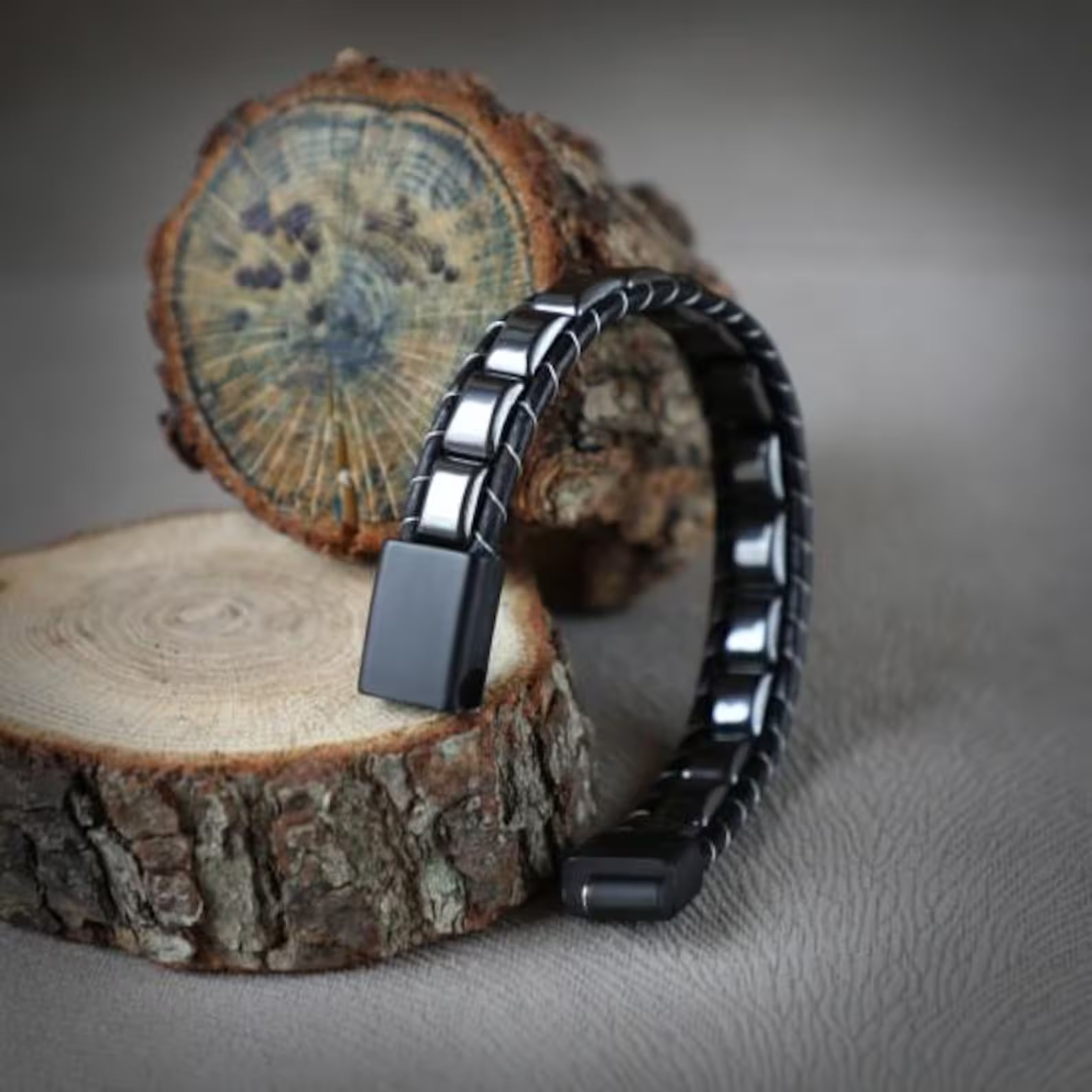 Mens Hematite Leather Bracelet Magnetic Clasp Protection Healing Crystal Bangle