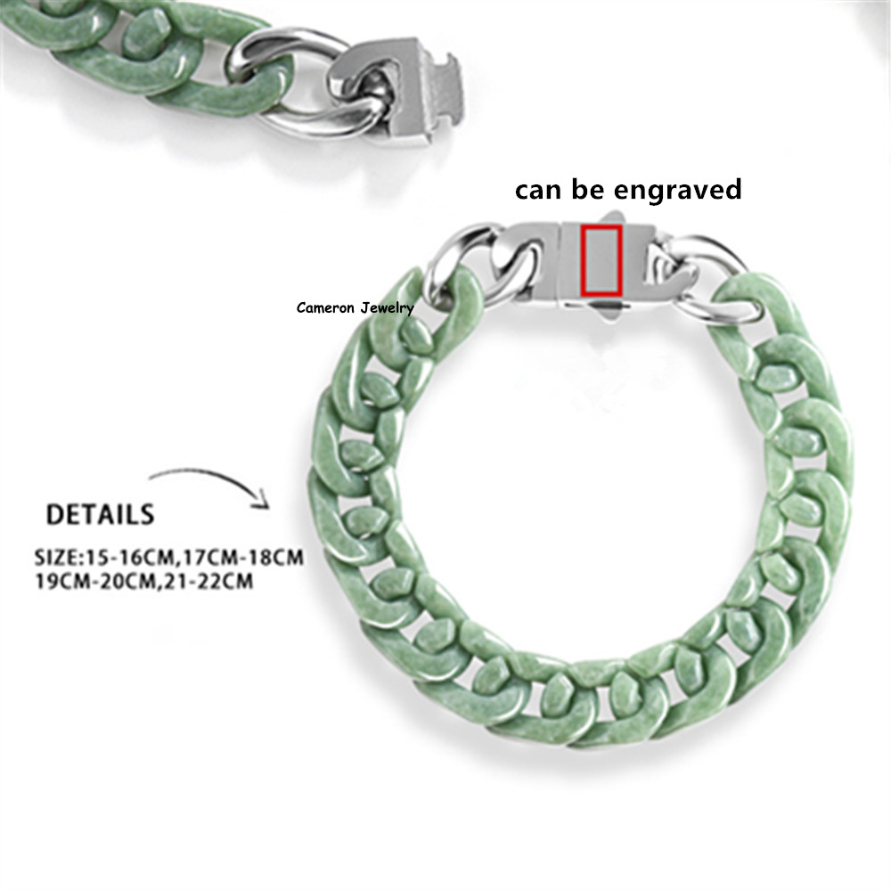 Real Grade A Natural Green Jade Jadeite Bracelet Cuban Curb Link Chain 5.9-9.4in