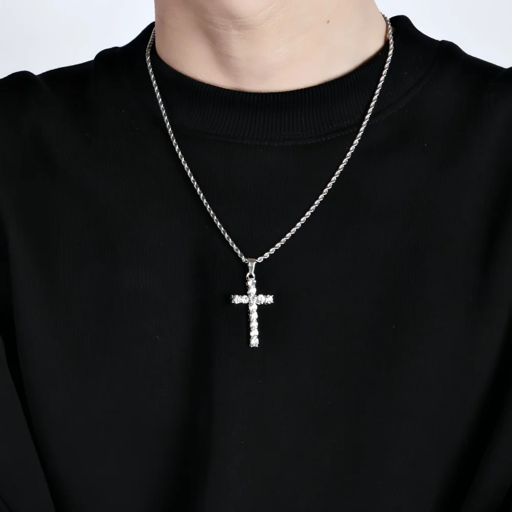 Hip Hop Stainless Steel Zircon Cross Pendant Necklace Retro Men Twist Chain Neck