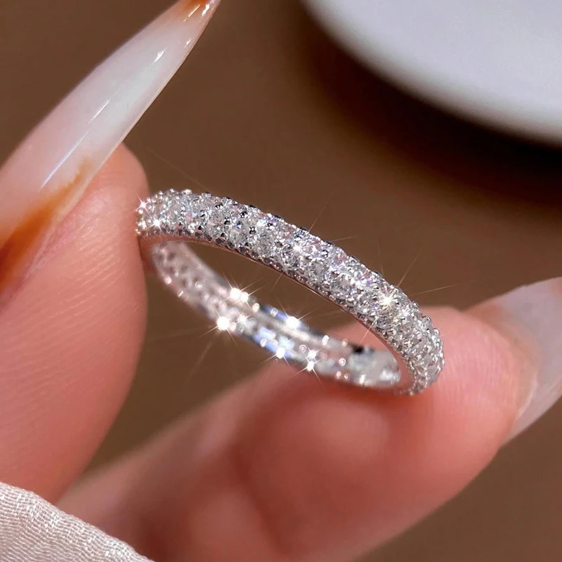 Stackable Plain Ring 925 Sterling Silver 1.4mm Full Zircon Wedding Band Jewelry