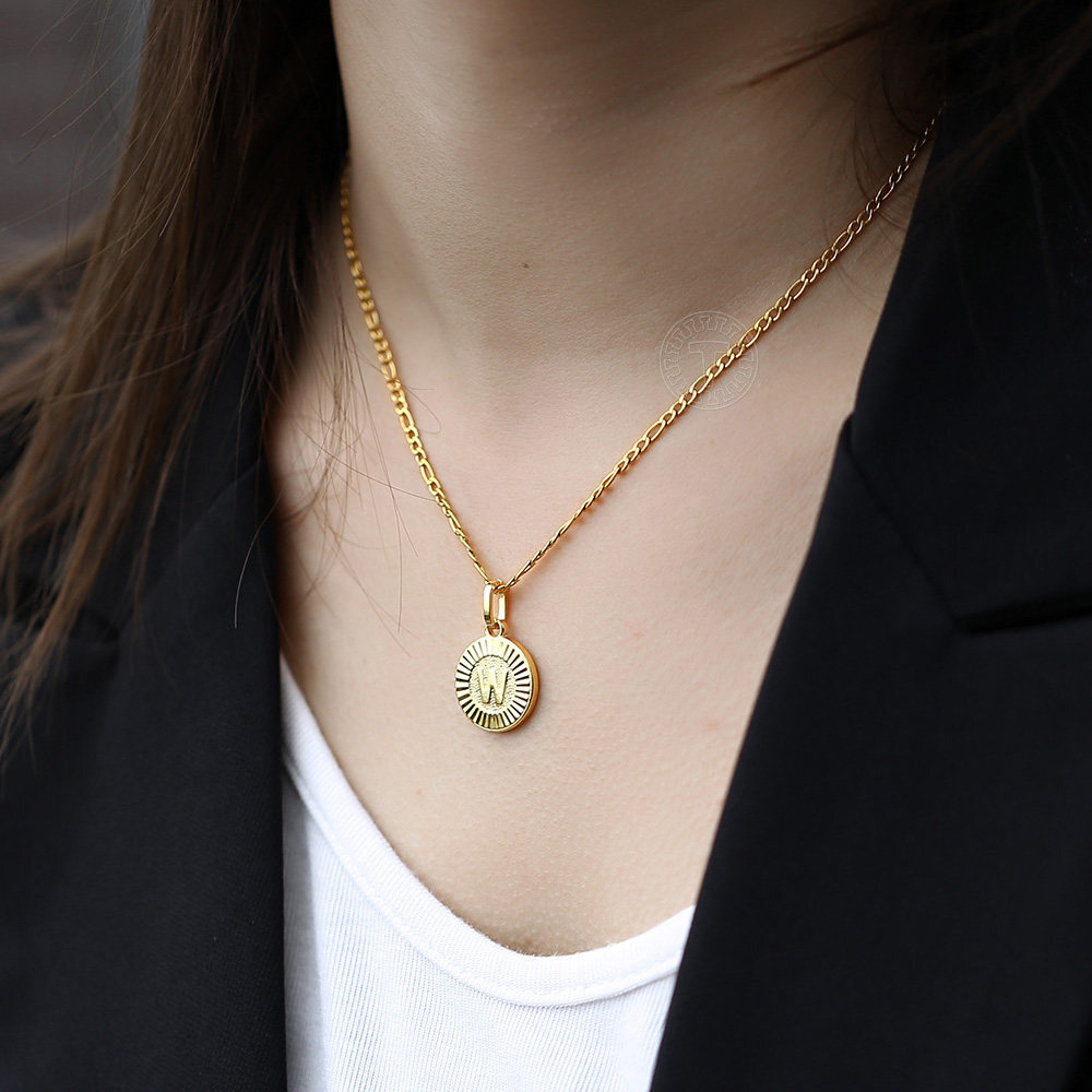 18″ New Gold Plated Initial Letter Necklace Pendant Stainless Steel Figaro Chain