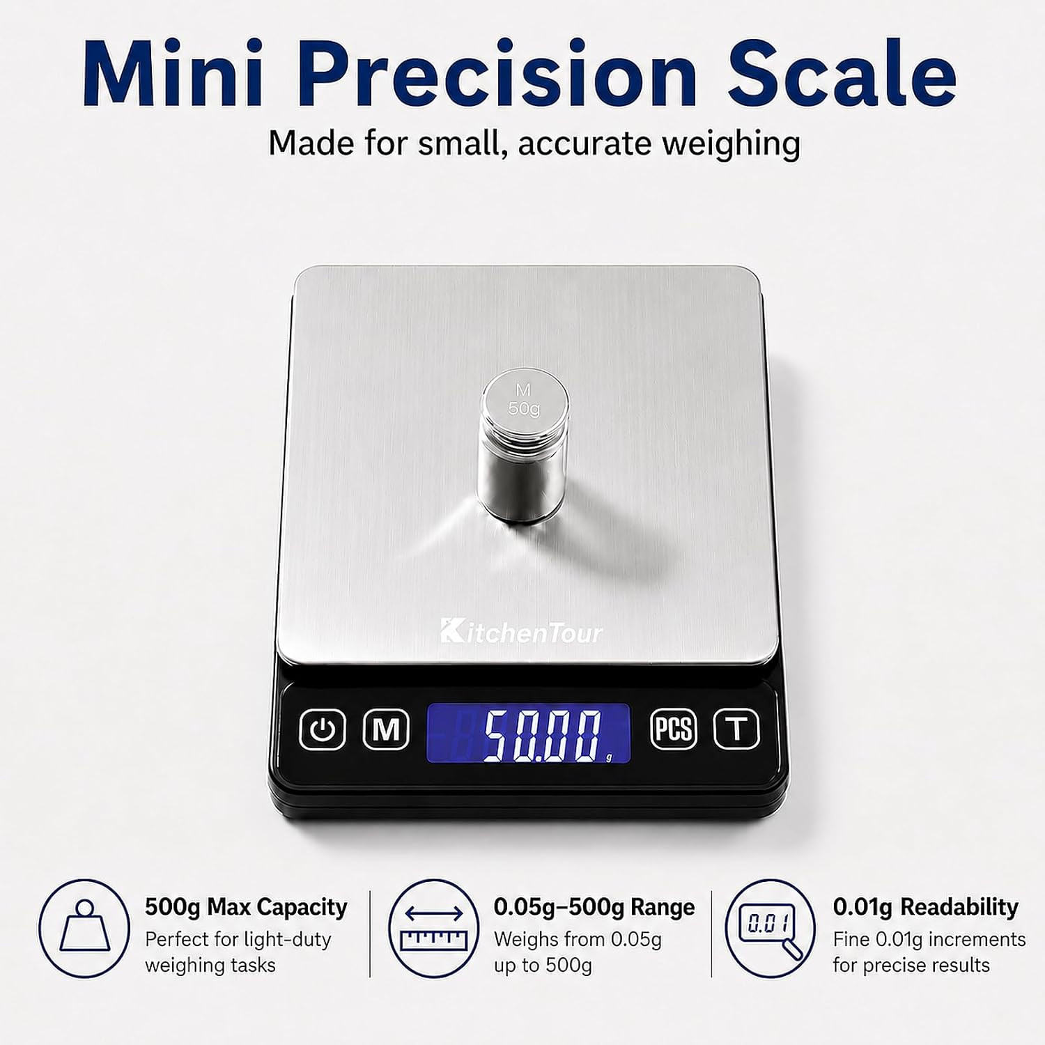 Kitchentour Mini Gram Scale for Coffee, Jewelry and Small Items, 500G X 0.01G Di