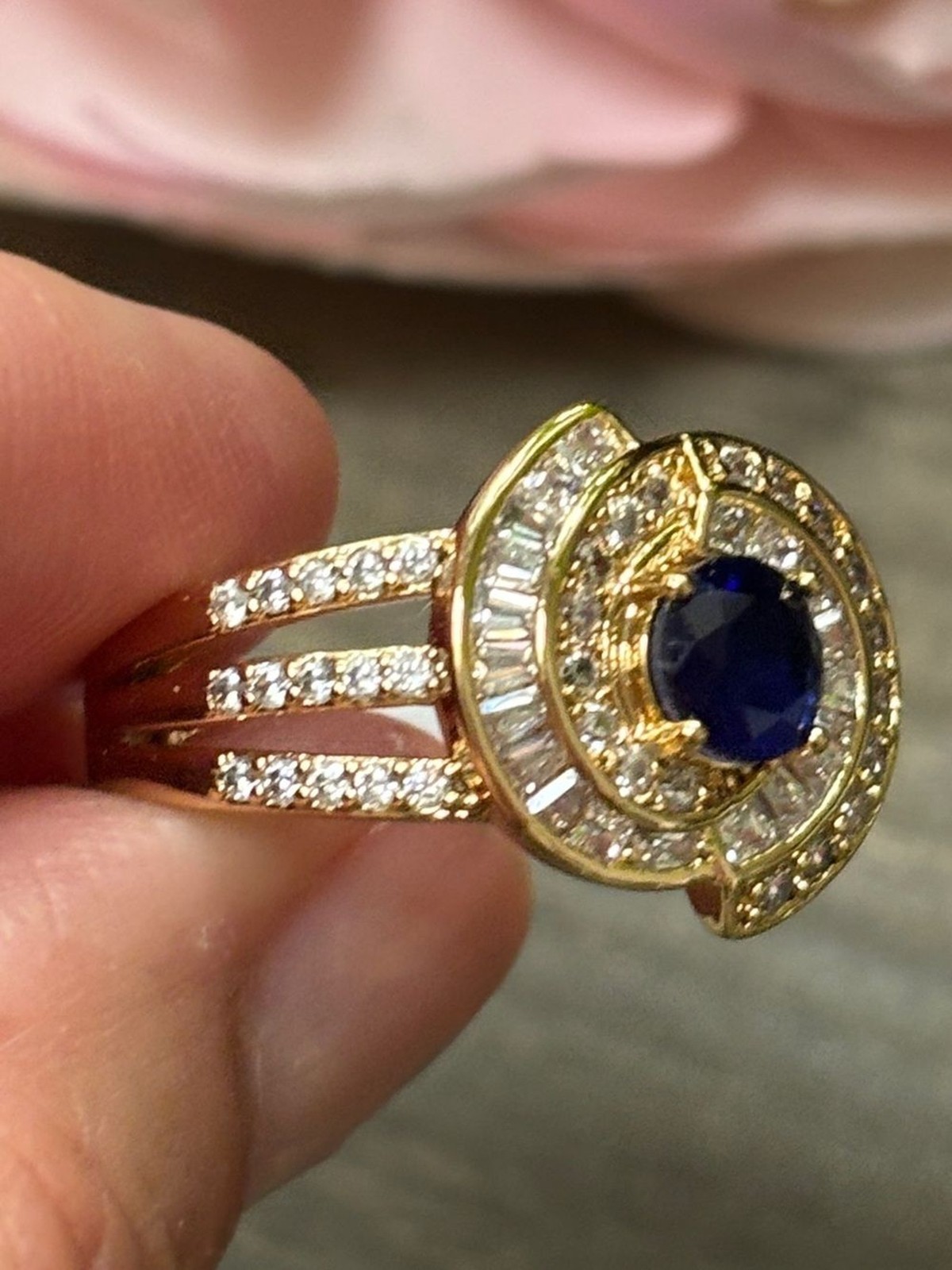 Bomb Party Gold and Blue Sapphire Halo Cocktail Ring – Size 9