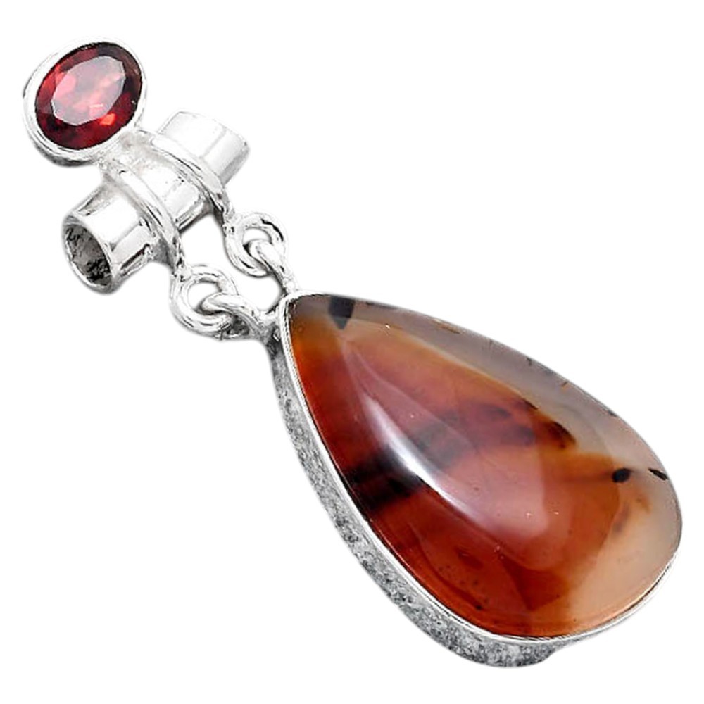 Natural Montana Agate USA and Garnet 925 Sterling Silver Pendant Jewelry P-1276