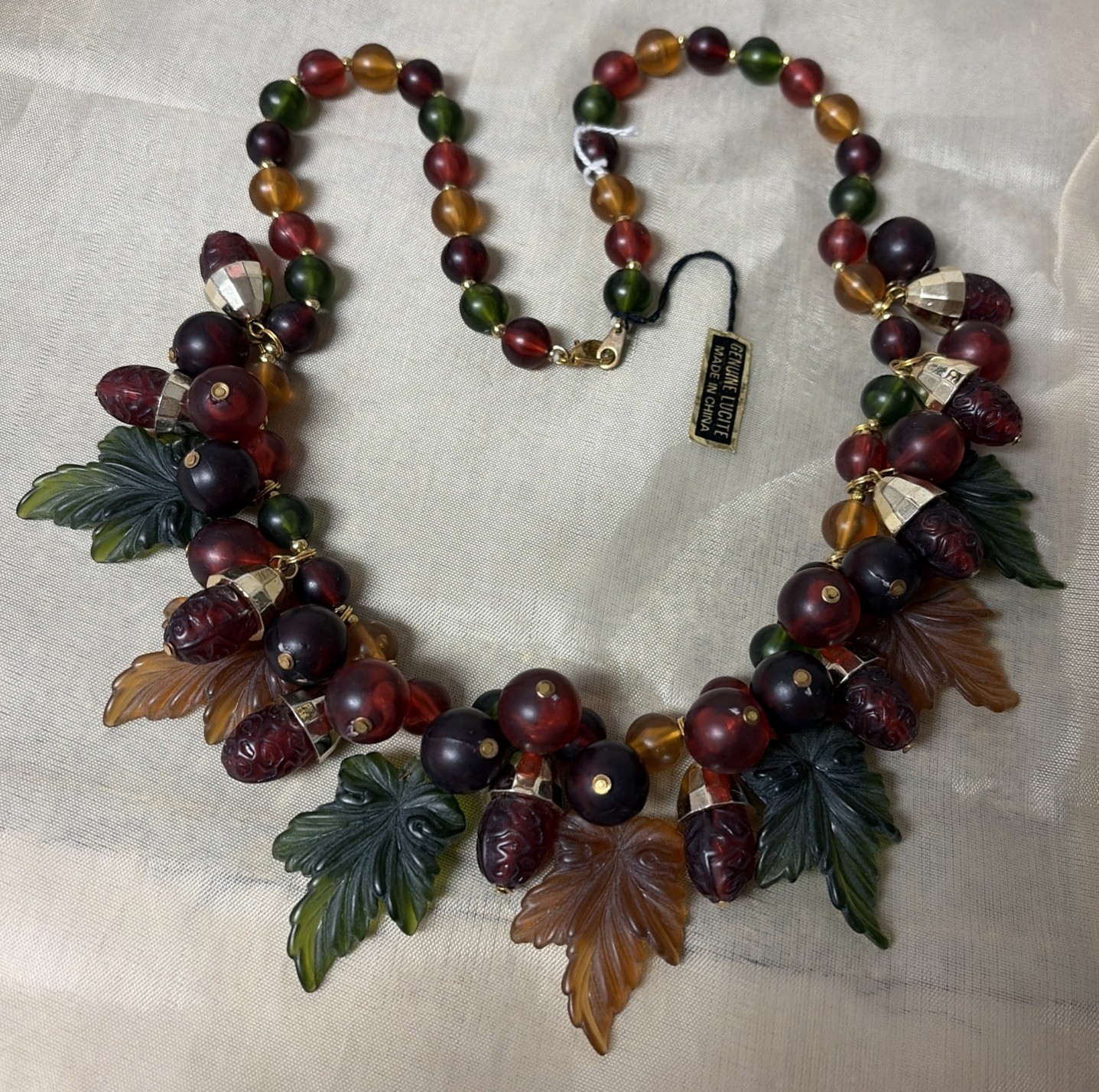 Vtg NWT Lucite Necklace Red Green Orange Brown Necklace Autumn Fall Leaves Acorn