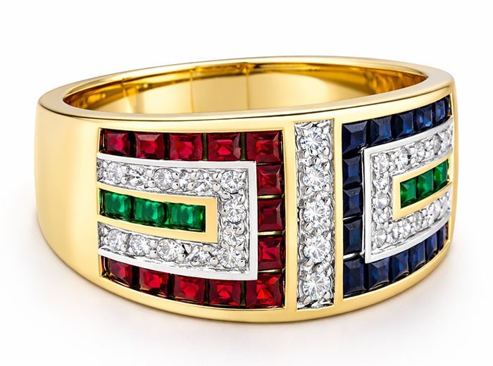 GENUINE RUBY, BLUE SAPPHIRE, EMERALD & DIAMONDS RING 14K YELLOW GOLD