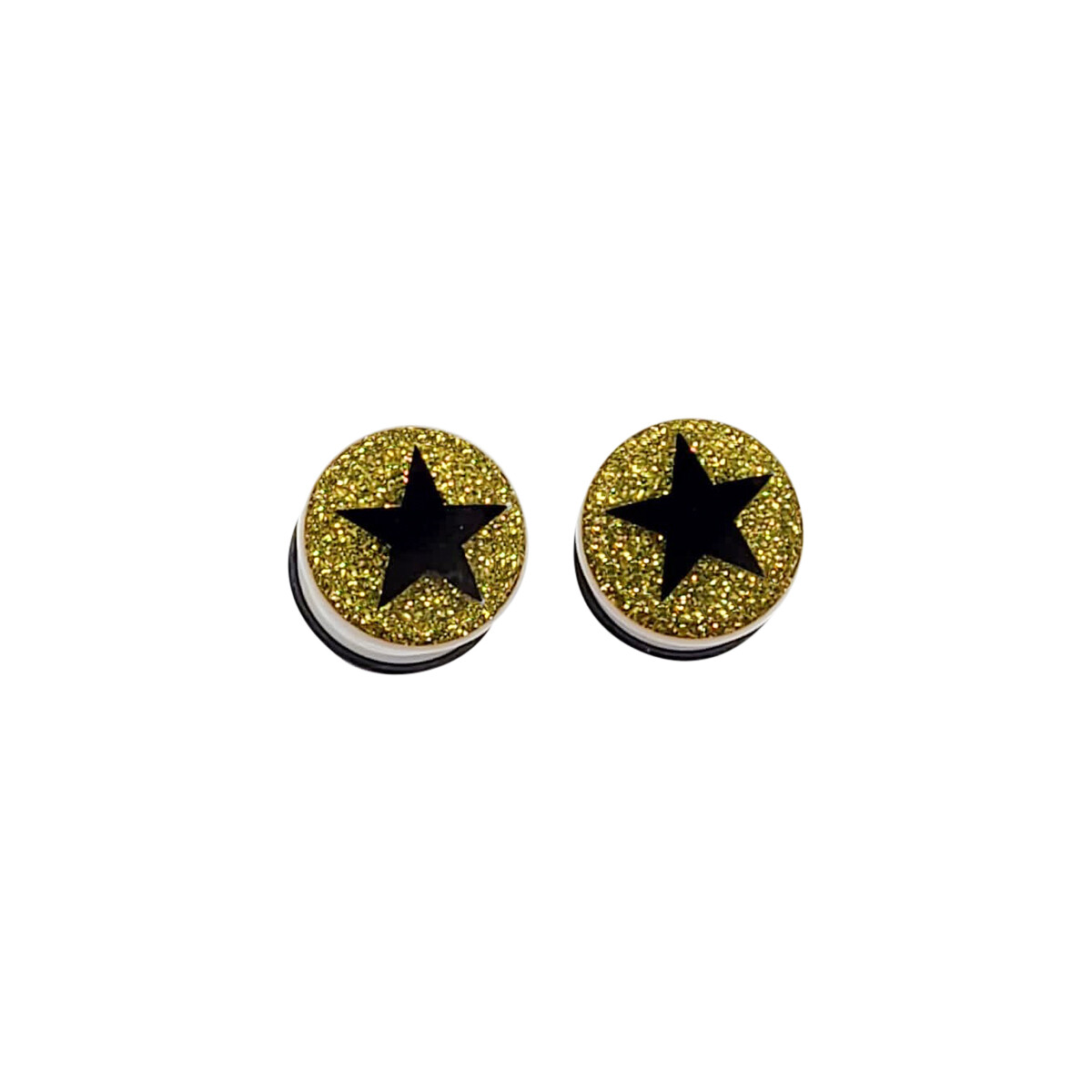 Acrylic O-ring Ear Plugs Gauges Black Star Gold Glitter Design Sold as a pair