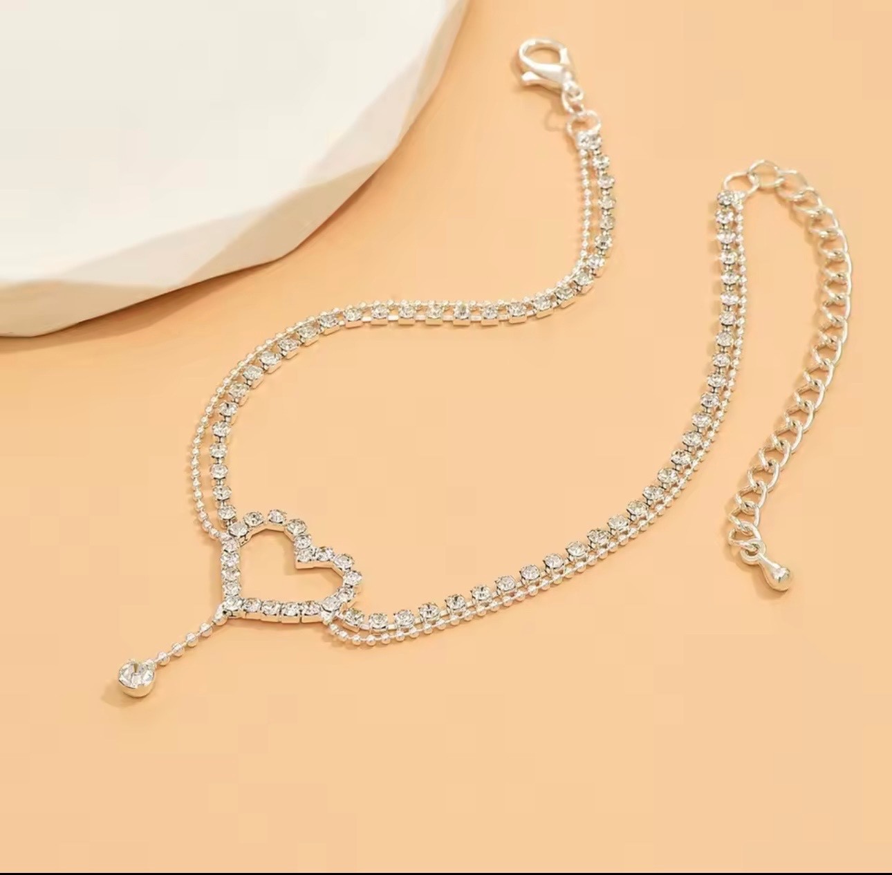 Shiny Bling Heart Drop Tassel Charm Double Layer Anklet Women Beach Foot Chain