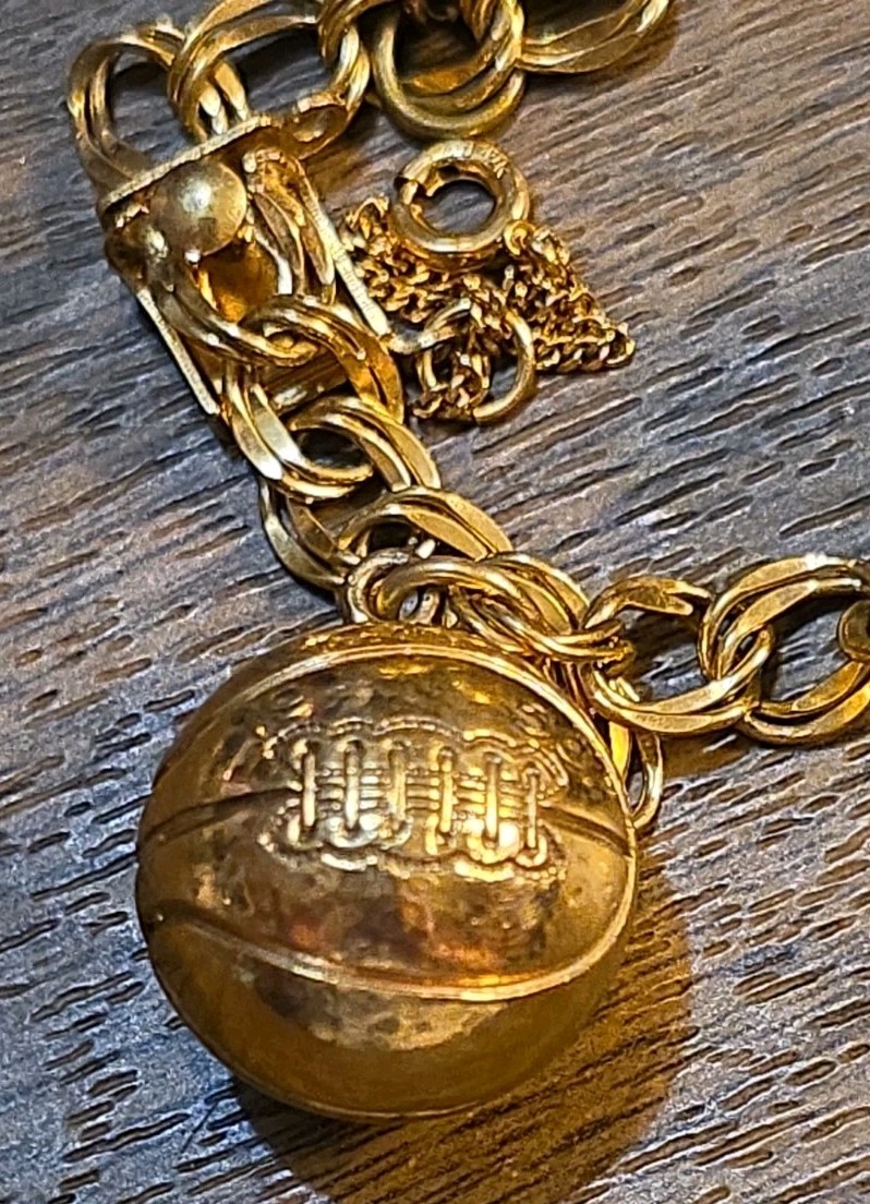 1940s & 1950s 12K GF Spartan Charm Bracelet Gold Football Basketball GTE Charm