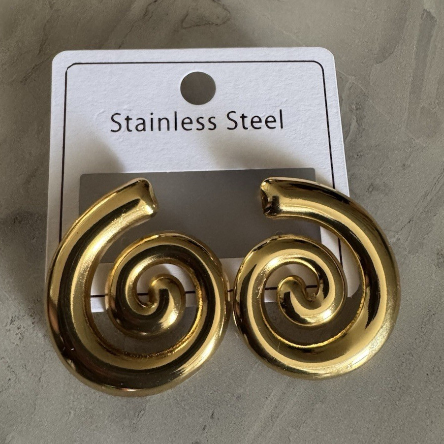 Stainless Steel Gold Tone Spiral Stud Earrings Butterfly Back No Stone Lobe