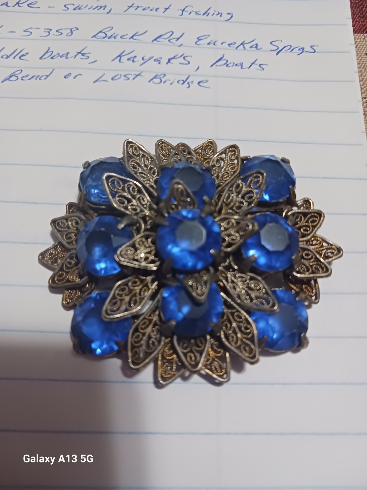 Vintage 1930s Czech Sapphire Blue Glass Rhinestone Leaf Filigree Brooch 2.5 Inch
