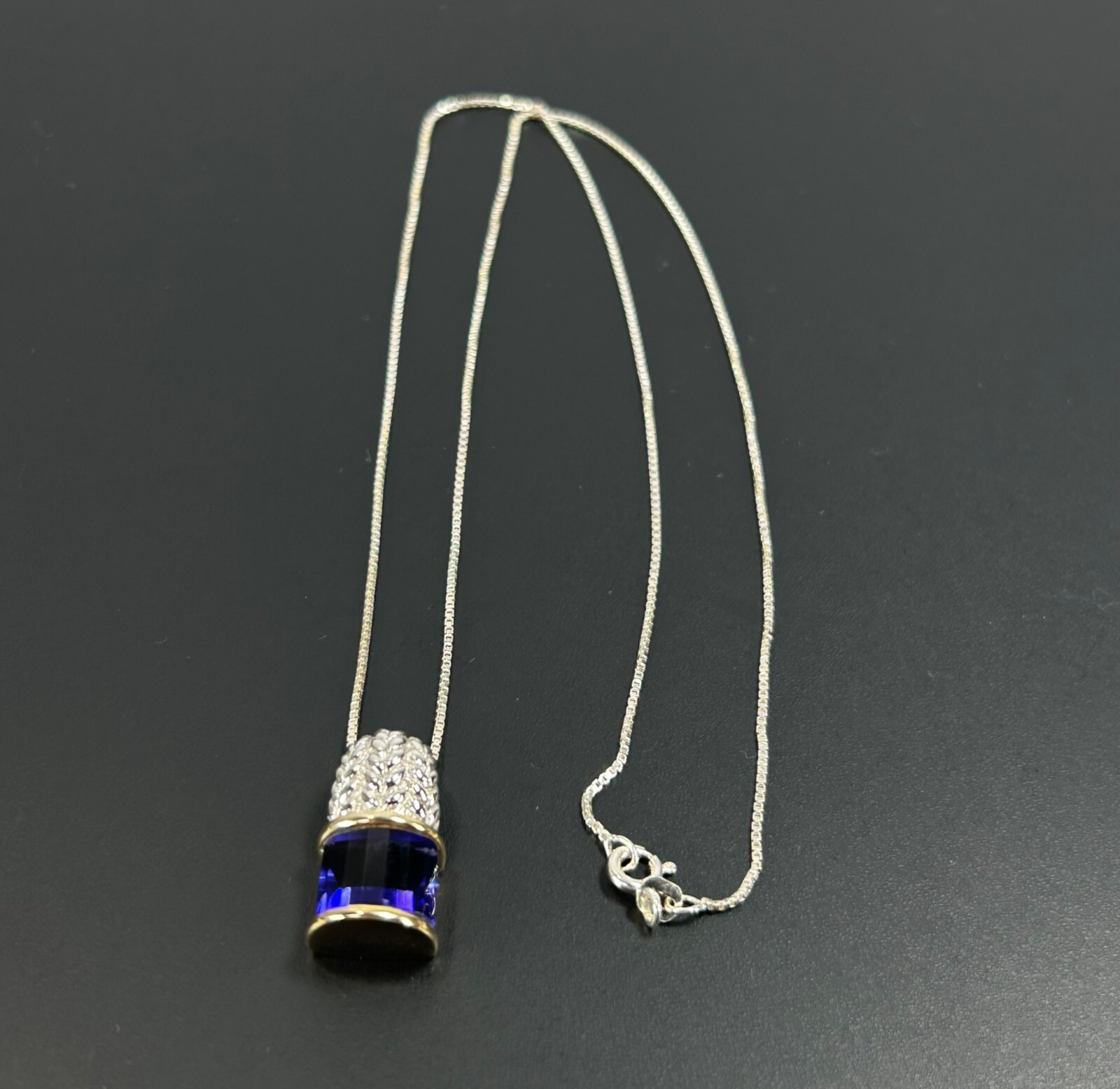 925 Sterling Silver Gold Tone Necklace Faceted Cobalt Blue Glass Pendant ITALY