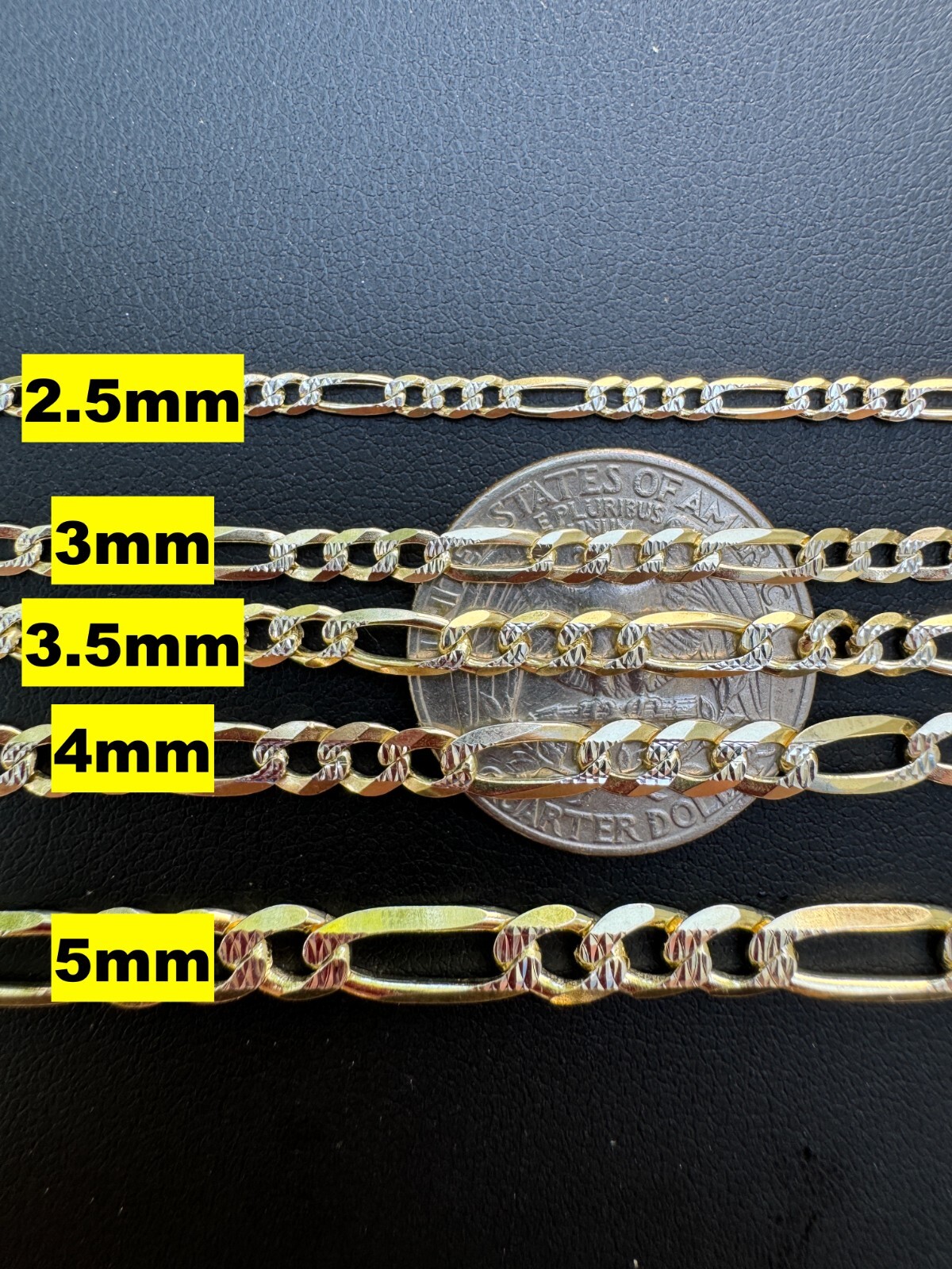 14k Gold Plated Solid 925 Sterling Silver Figaro Link Chain Two Tone Diamond Cut