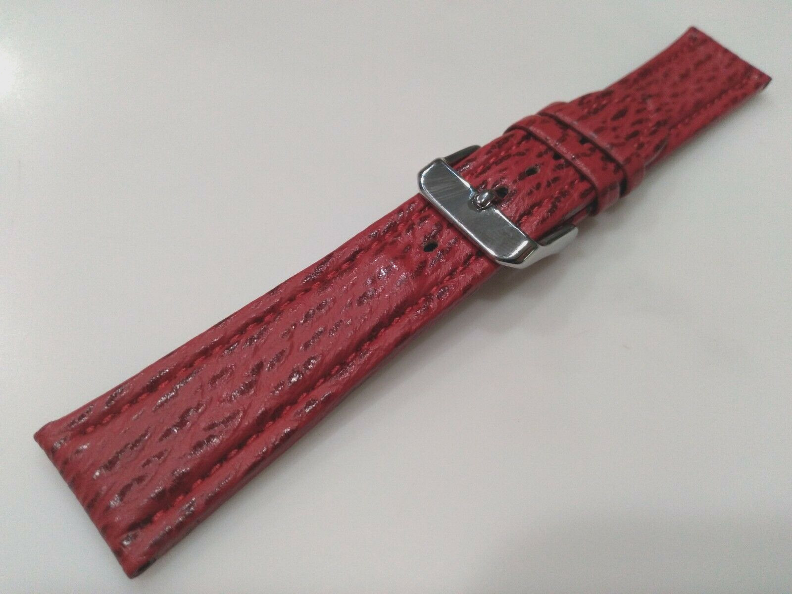Red Genuine Shark Sharkskin 20mm Regular Padded Watch Band Silver Tone Buckle