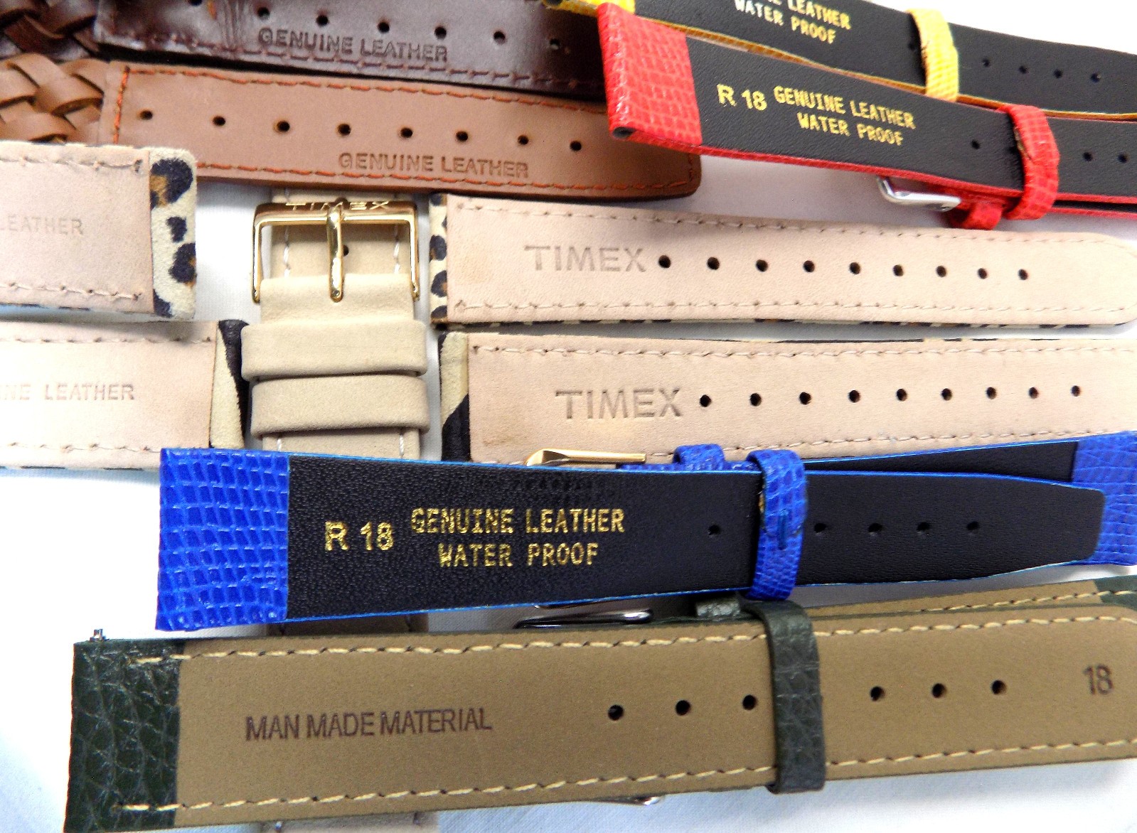 Lot of 10 All 18mm Watch Bands Leather Lizard Grain Braided Timex Mixed Colors