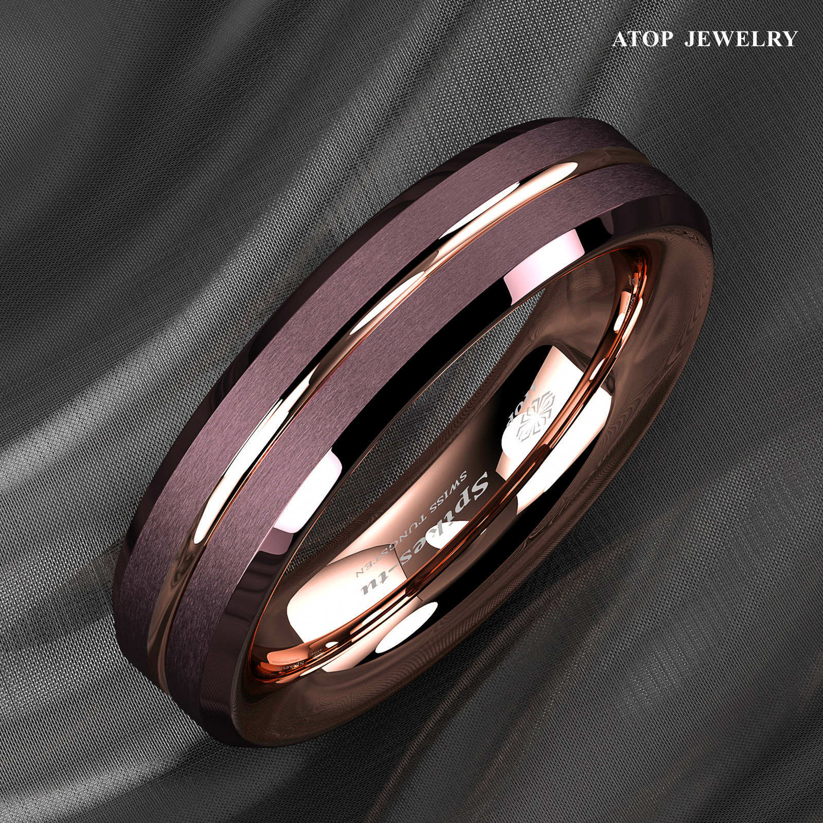 8/6mm Plated Metal Tungsten Mens Ring Rose Gold Groove Stripe ATOP Wedding Band