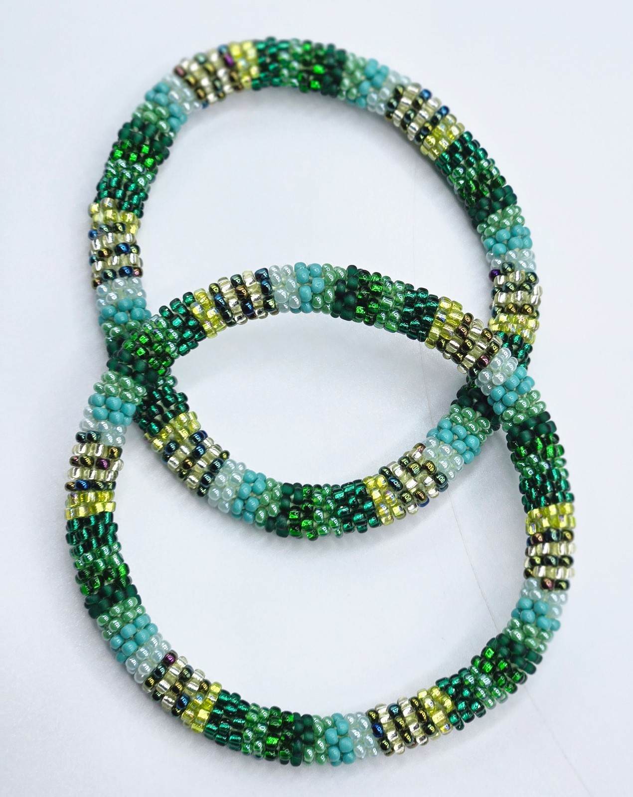 Set of 2 Handmade Nepal Glass Seed-Bead Crochet Boho Roll-On Bracelet Jewelry