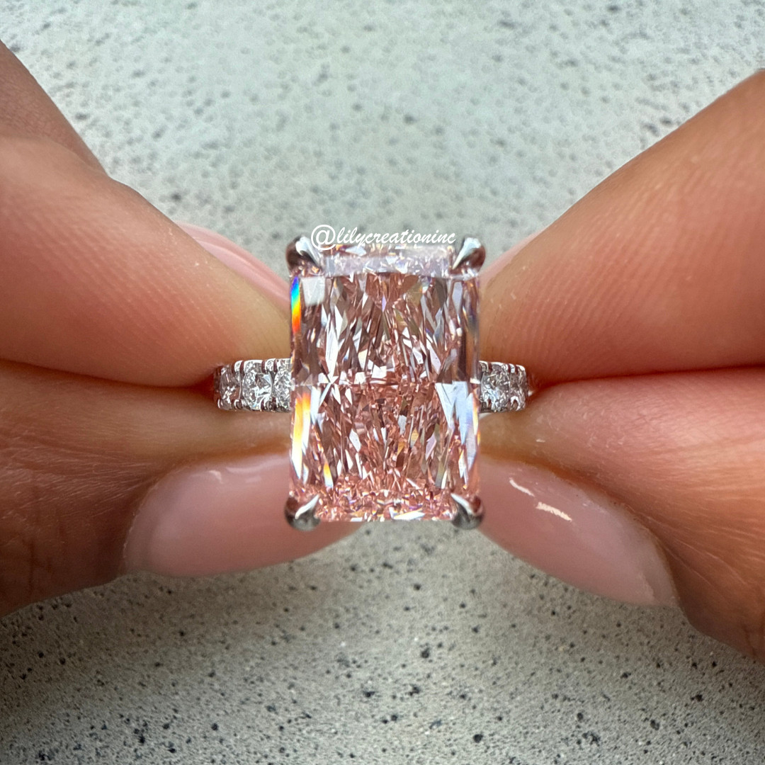 5Ct Pink Radiant IGI Certified Lab Grown Diamond Engagement Ring w/Side Diamonds