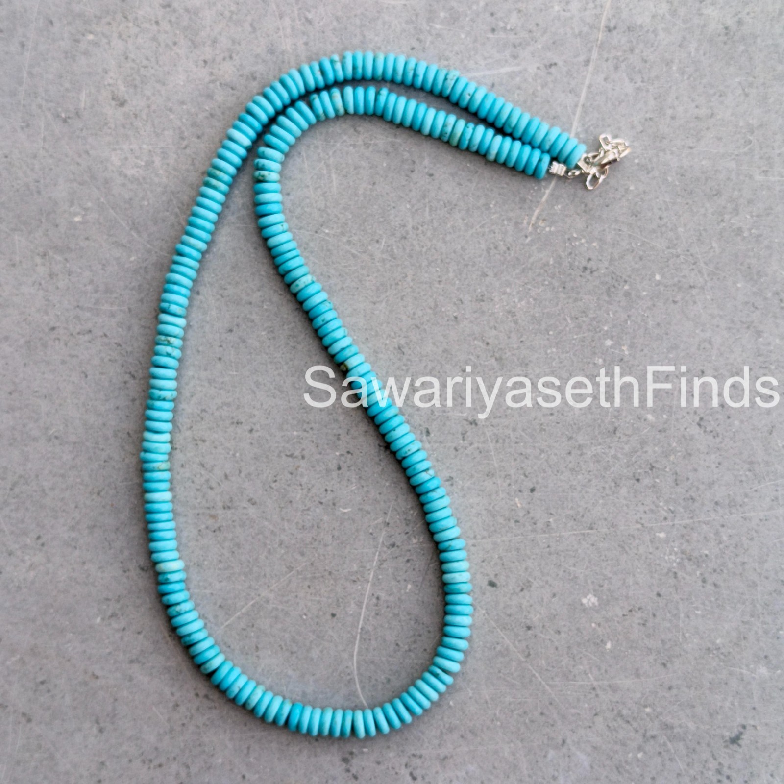 Handmade Turquoise Rondelle Beaded Necklace, 6MM Blue Gemstone, Sterling Silver