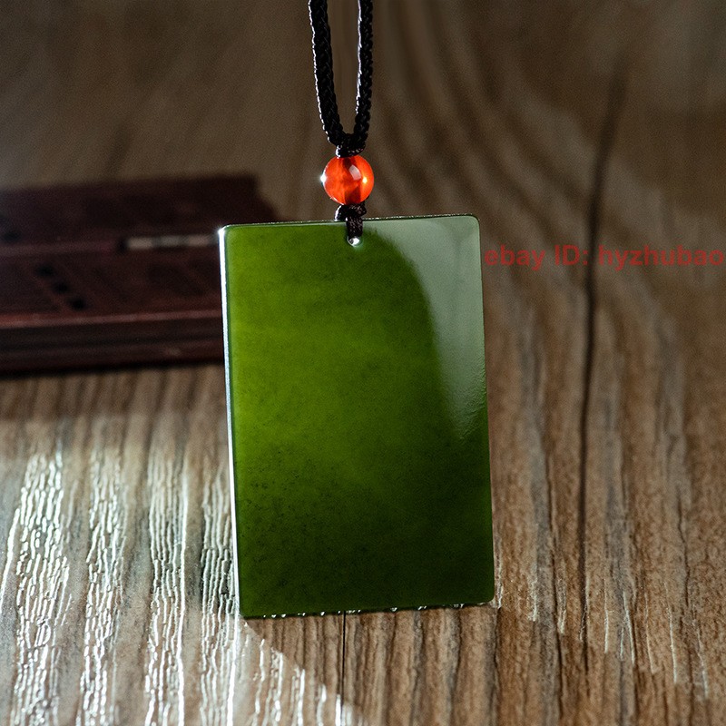 Certified Natural Ink Jade HeTian Nephrite Jade Rectangle Lucky Pendant Necklace