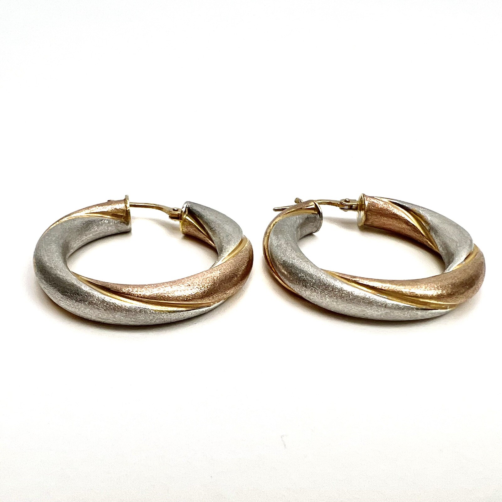 Satin Brushed Texture Hollow 14k Gold Italy Tri Color Hoop Earrings 4.82 Grams